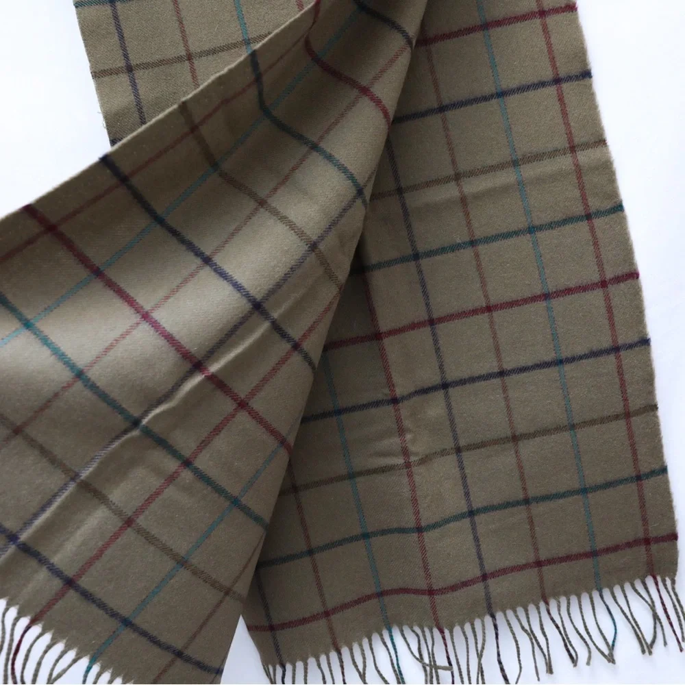 Vintage Wool Scarf plaid unisex mens womens olive green window pane classic warm